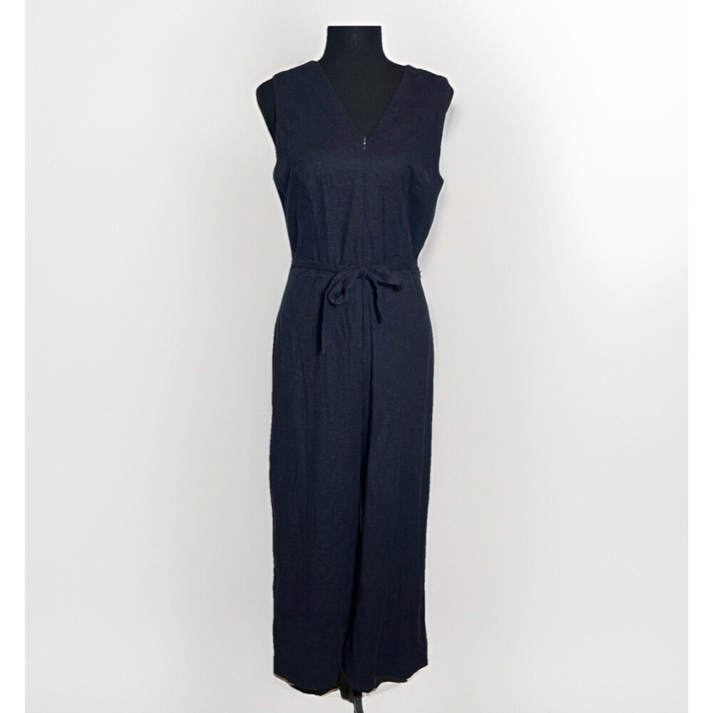 Tahari Jumpsuit Women's Size 8 Navy Blue Sleeveless Wide Leg V-Neck Lined